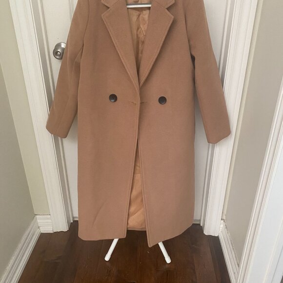 Women’s Camel Wool Blend Long Coat – Double Breasted Classic Overcoat - Picture 2 of 6